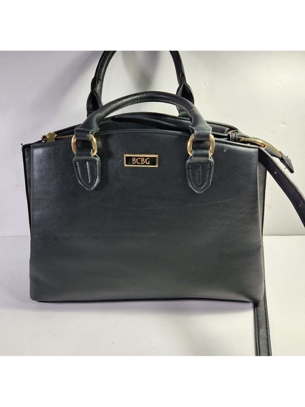 BCBG Max Azria Black Satchel Purse Large Shoulder Bag Triple Compartment Gold